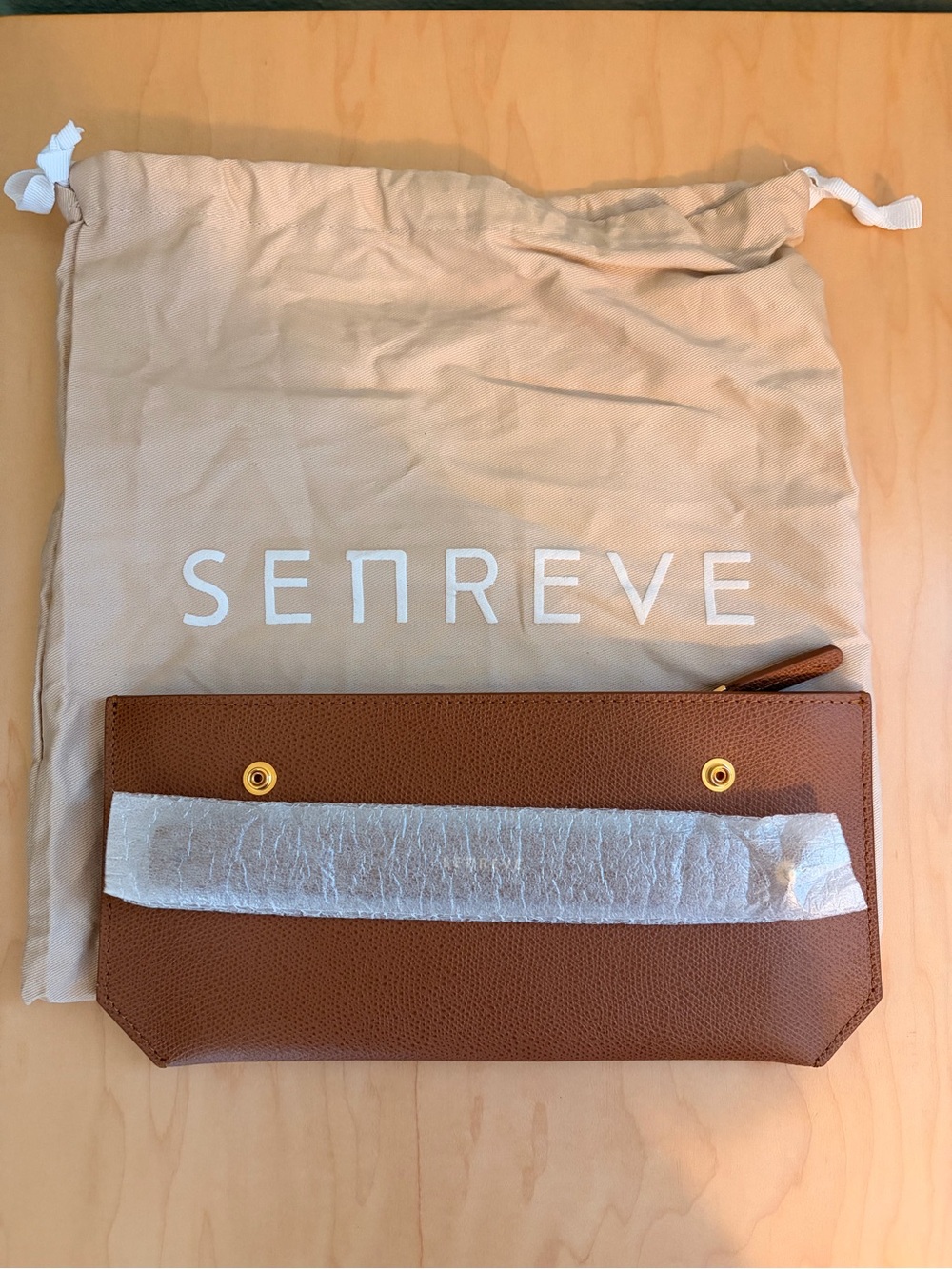 Senreve Cognac Pebbled Leather Bracelet Clutch with Gold Hardware
